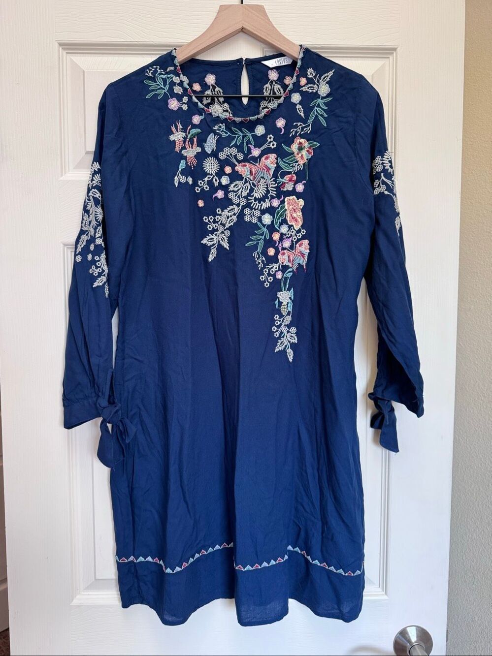 Kaktus M womens swim cover navy blue mini tunic  embroidered floral long sleeve